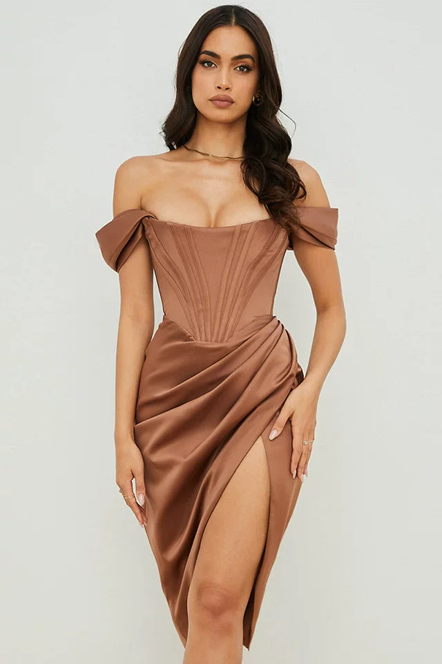 Flfiij | One-Shoulder Irregular High-Waisted Fishbone Tube Top Silk Party Dress – Birthday & Evening Wear