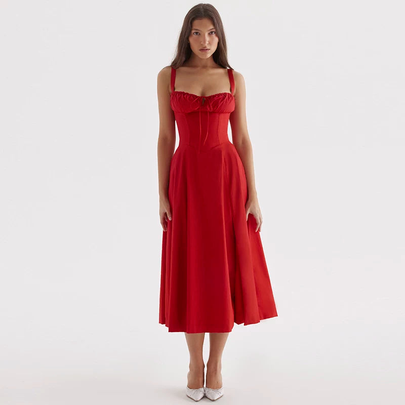 Flfiij | French Retro Red Suspender Dress – European & American Hot Girl Sexy Long Dress with Elegant Style