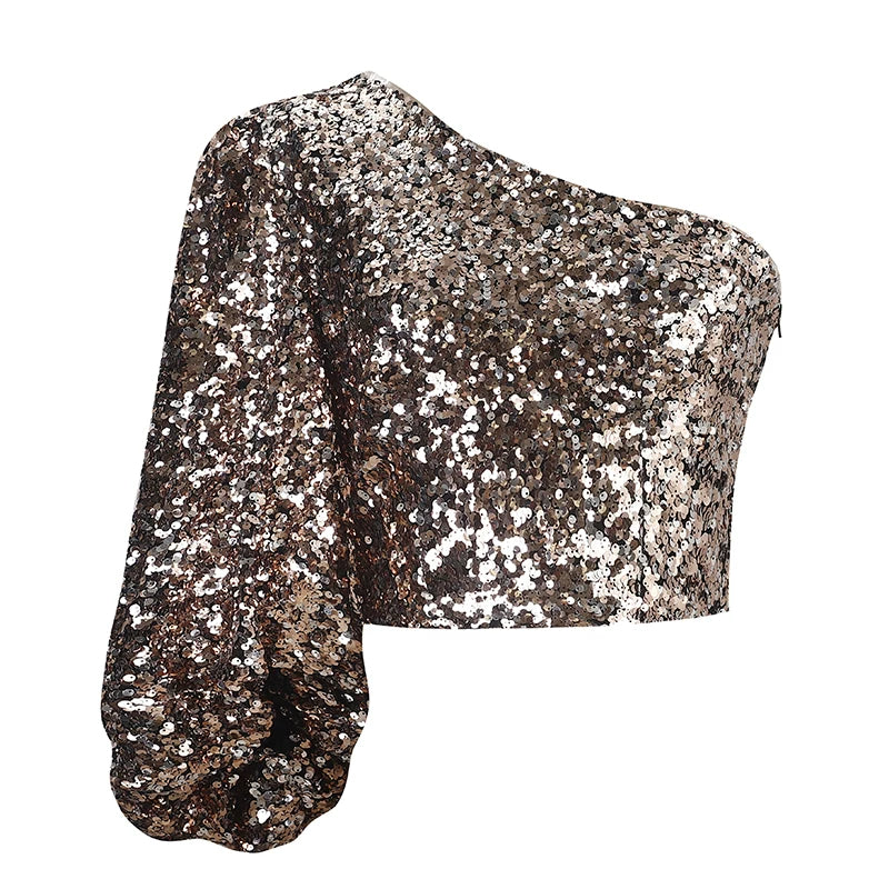 Flfiij | European & American Style Sequin Backless One-Shoulder Top – Mini Asymmetrical Sleeve for Dinner & Birthday Parties
