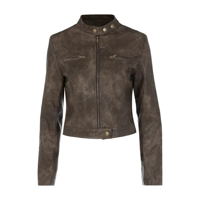 Flfiij | Distressed Brown PU Leather Short Jacket – American Retro Hot Girl Stand Collar Spring Coat