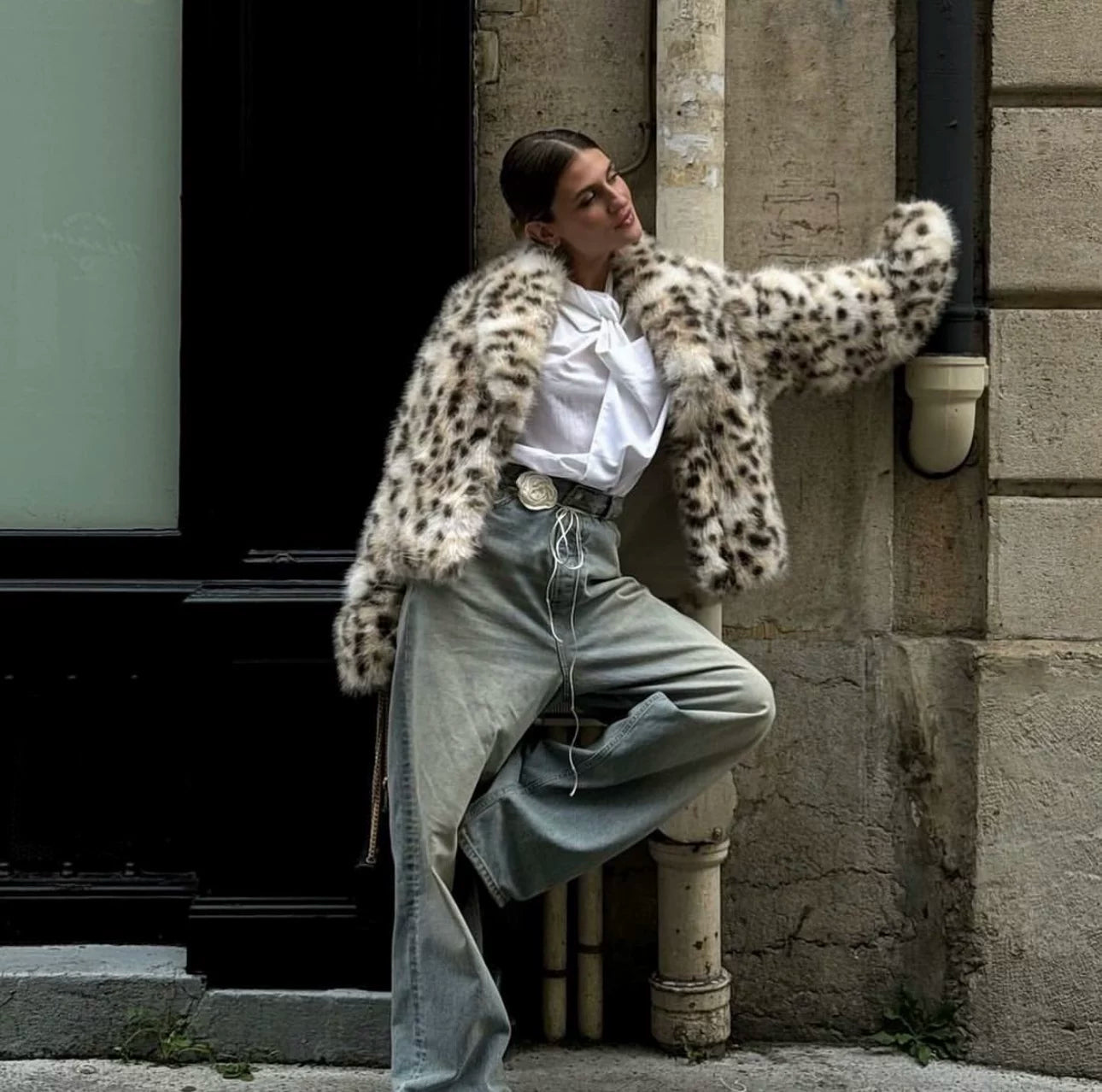 Flfiij | American Retro Leopard Print Fur All-In-One Jacket – Eco-Friendly Furry Hot Girl Coat