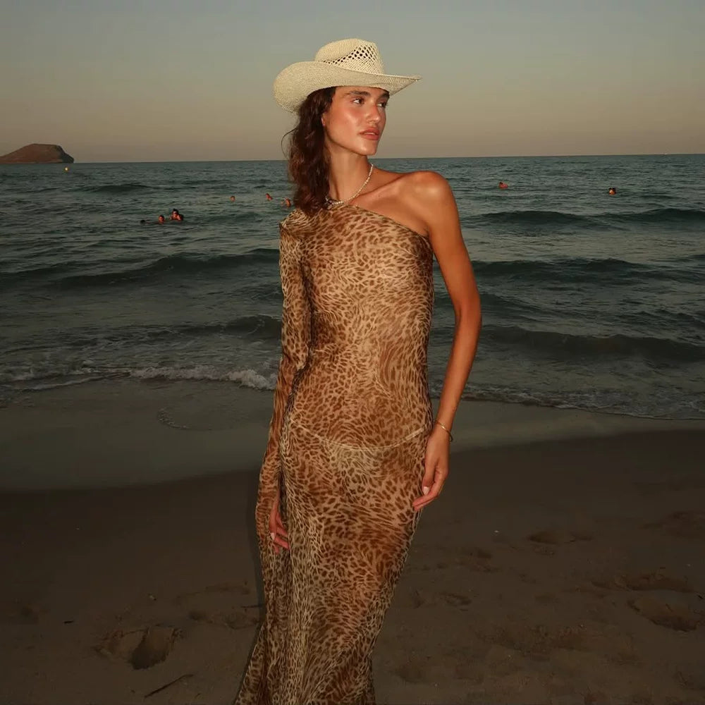 Flfiij | European & American Style Leopard Print See-Through Slanted Shoulder Dress – Sexy Long Sleeve Hottie Bikini Cover-Up Long Skirt for Women