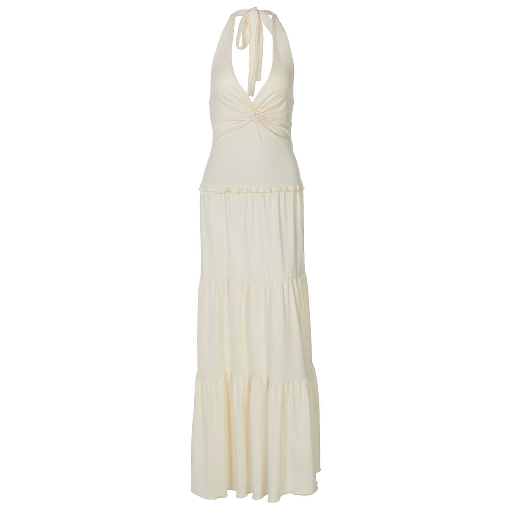 Flfiij | Sexy Halterneck Strappy Dress with Twisted V-Neck, Long Skirt for Summer Vacation