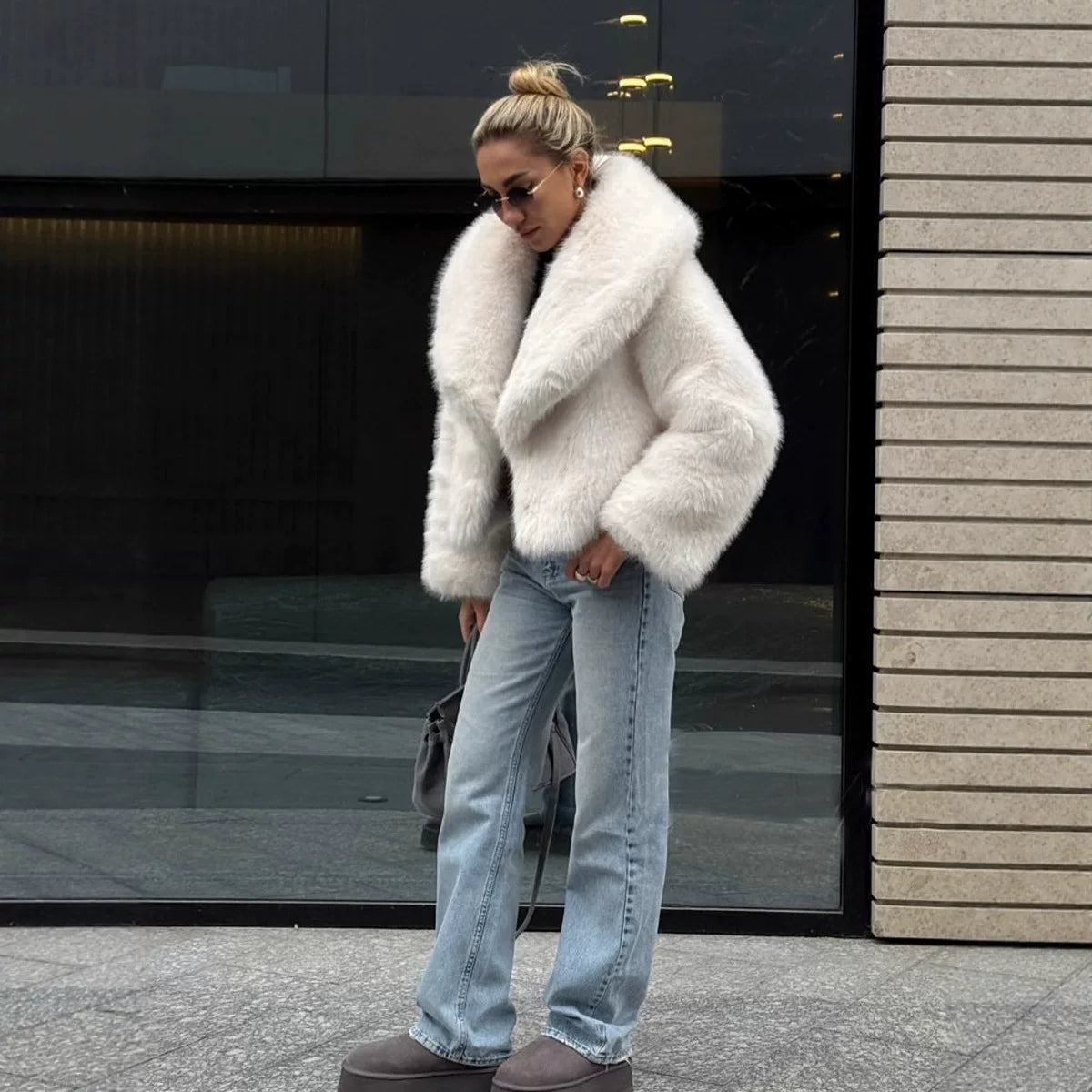 Flfiij | Eco-Friendly Fox Fur Lapel Coat – European and American Short Jacket for Women