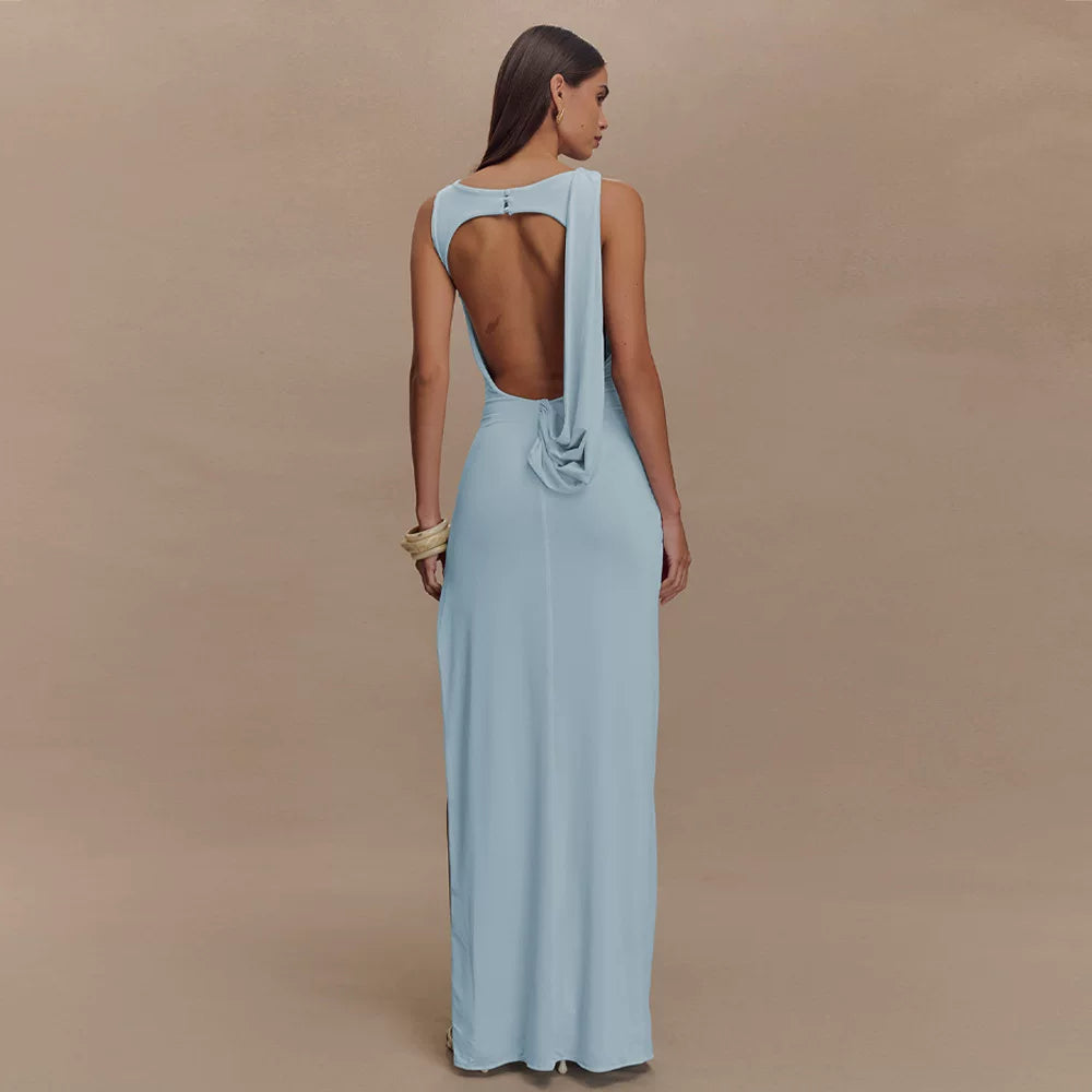 Flfiij | Sexy Backless Milk Silk Dress with One-Line Collar and High Slit