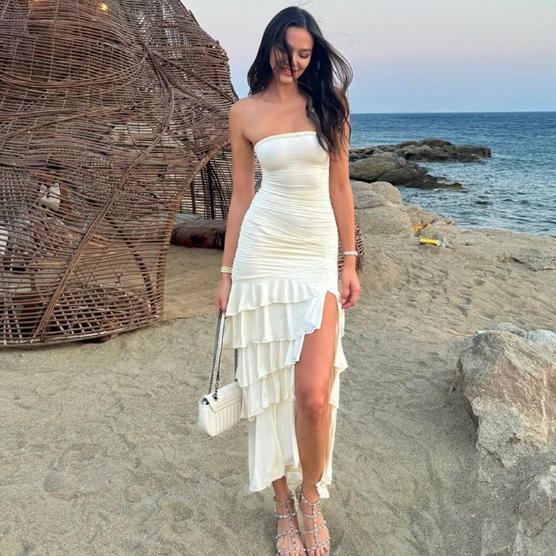 Flfiij | Shemoda Sexy One-Line Collar Tube Top Dress – Elastic Slimming High Slit Cake Skirt Long Skirt for Women