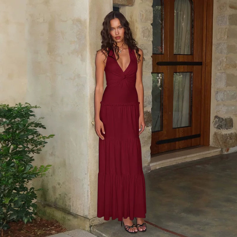 Flfiij | Sexy Halterneck Strappy Dress with Twisted V-Neck, Long Skirt for Summer Vacation