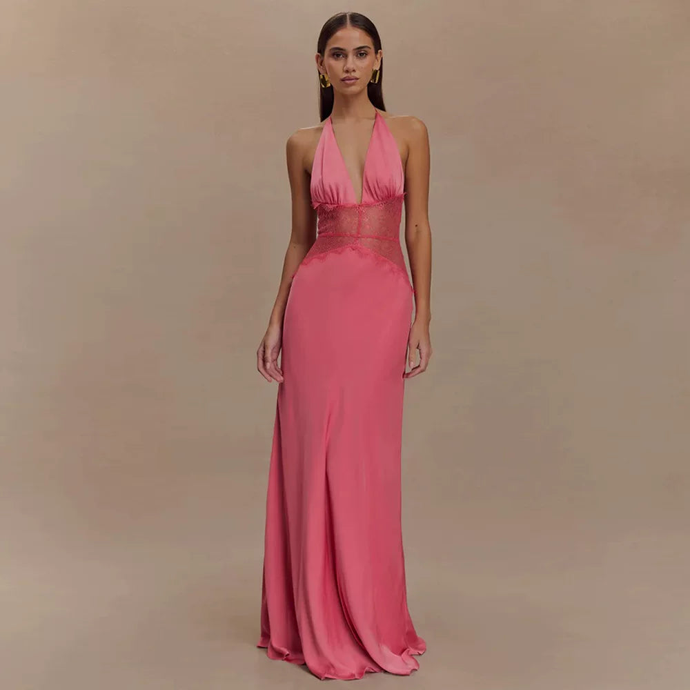 Flfiij | Elegant Deep V Silky Satin Long Dress with Lace Splicing and Halter Neck for Evening Events
