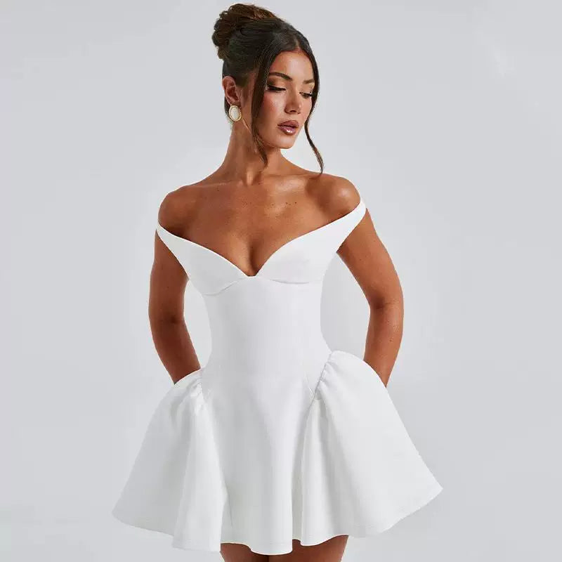 Flfiij | Solid Color One-Shoulder Sleeveless Dress – European & American Summer Hot Girl A-Line Short Skirt for Women