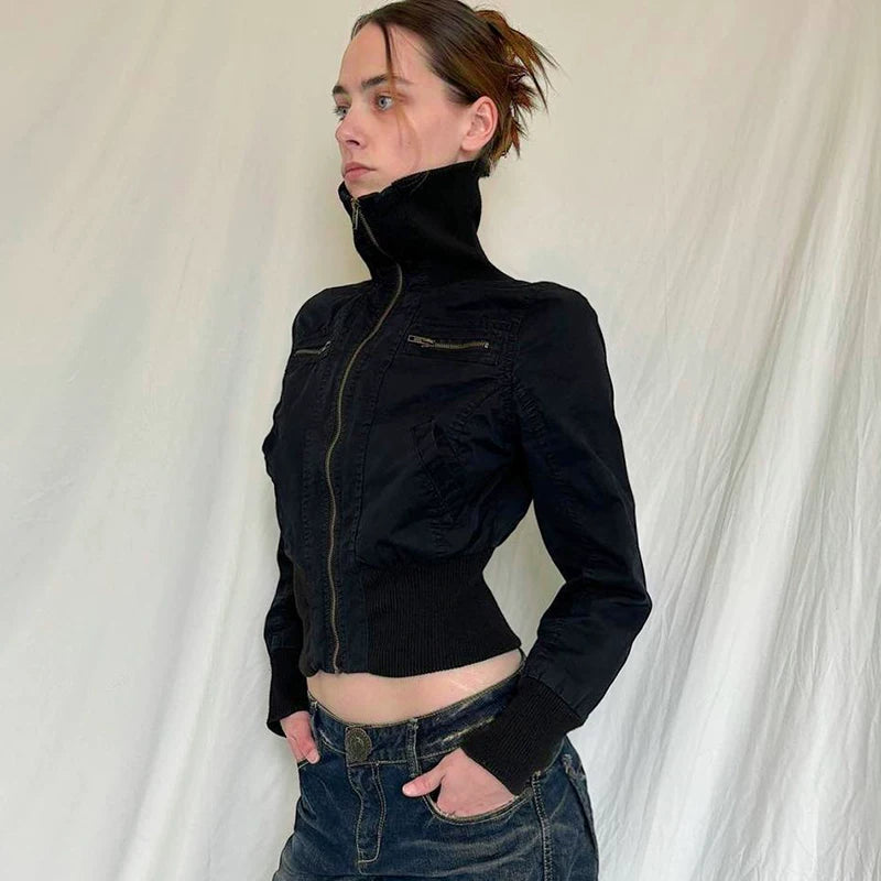 Flfiij | "Cyber Warrior" High Collar Metal Zipper Short Jacket for Women – Trendy Unisex Elastic Waist Design