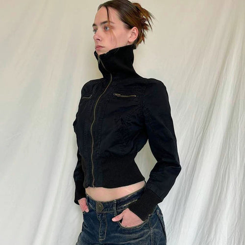 Flfiij | "Cyber Warrior" High Collar Metal Zipper Short Jacket for Women – Trendy Unisex Elastic Waist Design