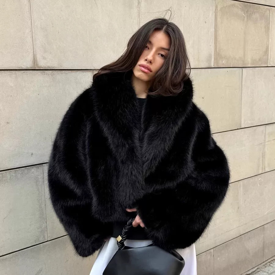 Flfiij | Eco-Friendly Fox Fur Lapel Coat – European and American Short Jacket for Women
