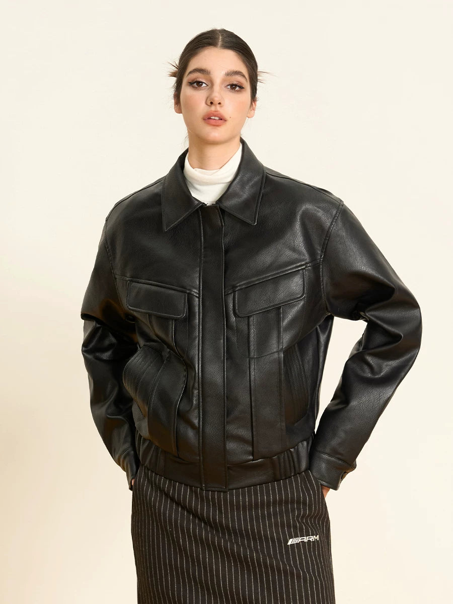 Flfiij | American Retro Short Leather Motorcycle Jacket for Women – Autumn Edition