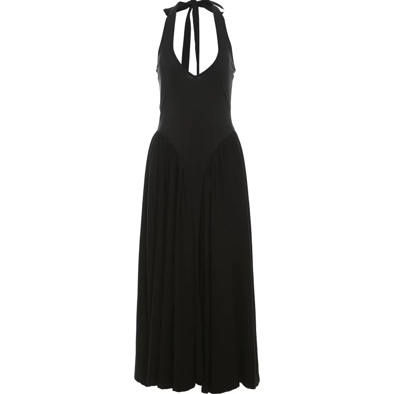 Flfiij | Sylcue European & American Ins Style V-Neck Low-Cut Halterneck Slim Sleeveless Dress – Waist Slimming Retro Long Skirt for Women