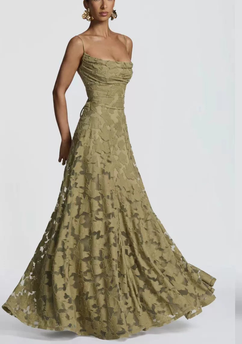 Flfiij | Sexy Jacquard Backless Floor-Length Dress for Women, Square Neck and Waist-Tightening Design