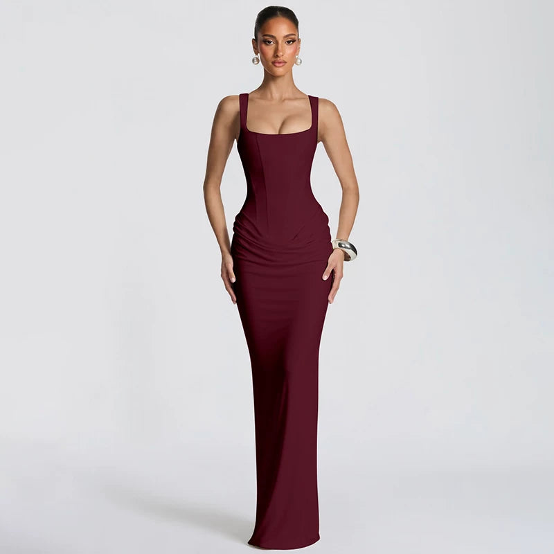 Flfiij | Elegant European and American Hot Girl Style Herringbone Waist Satin Hip-Covering Long Dress