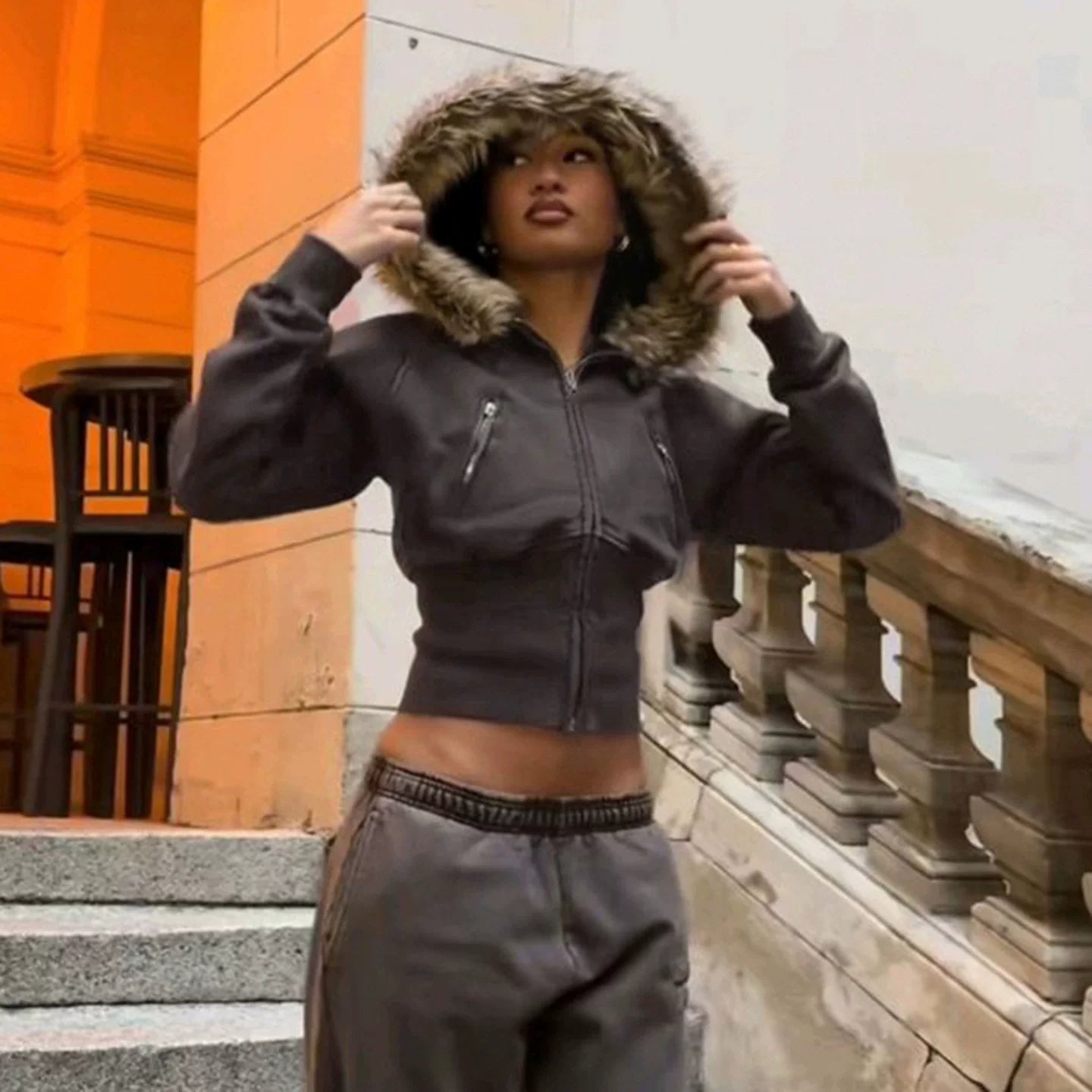 Flfiij | Women's Slimming Hooded Zipper Sweatshirt with Fur Collar