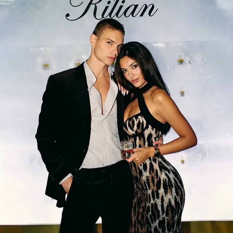 Flfiij | Sexy V-Neck Halterneck Leopard Print Dress with Figure-Flattering Long Skirt