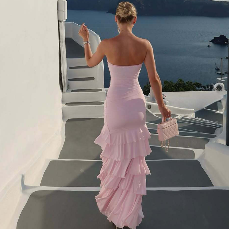 Flfiij | Shemoda Sexy One-Line Collar Tube Top Dress – Elastic Slimming High Slit Cake Skirt Long Skirt for Women