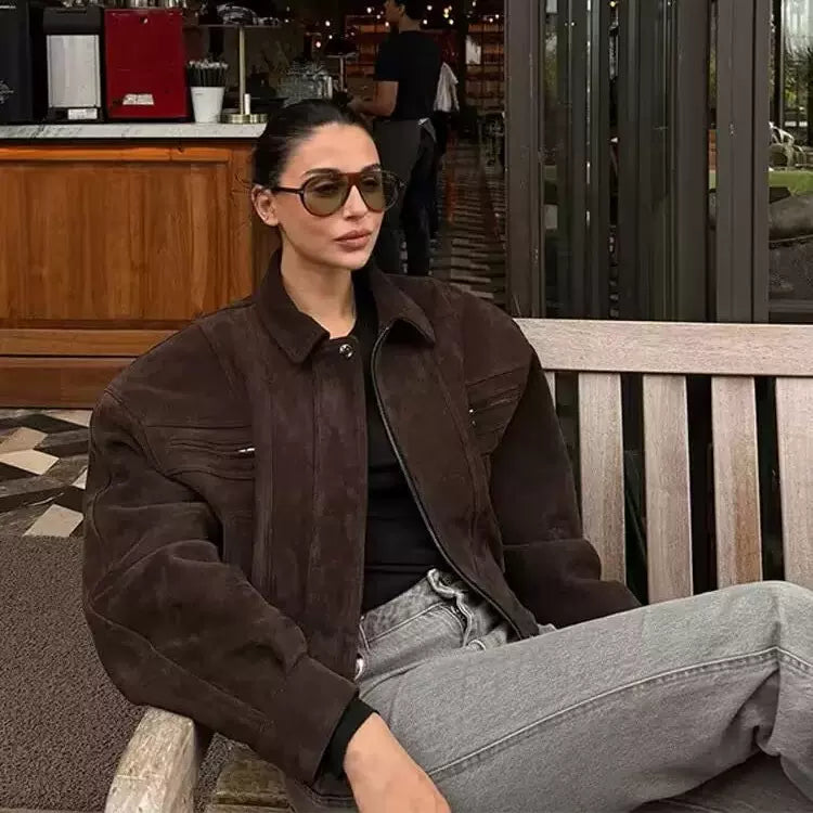 Flfiij | Loose Suede Pilot Motorcycle Jacket – American Street Style Autumn Baseball Jacket for Women