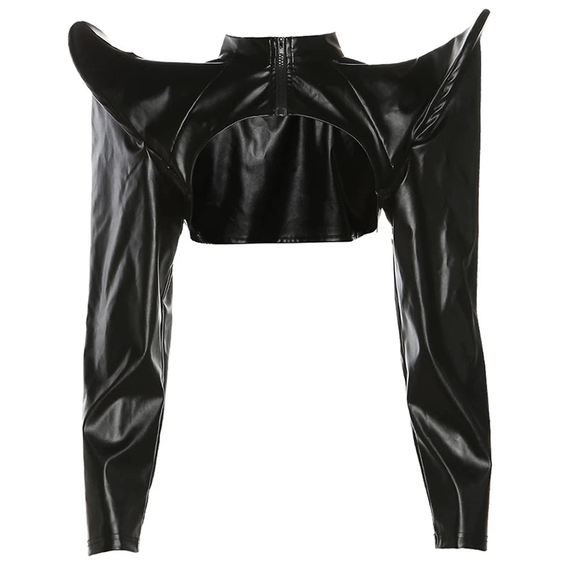 Flfiij | Hot Girl Black Hooded Leather Motorcycle Jacket – Slim Short Top for Women
