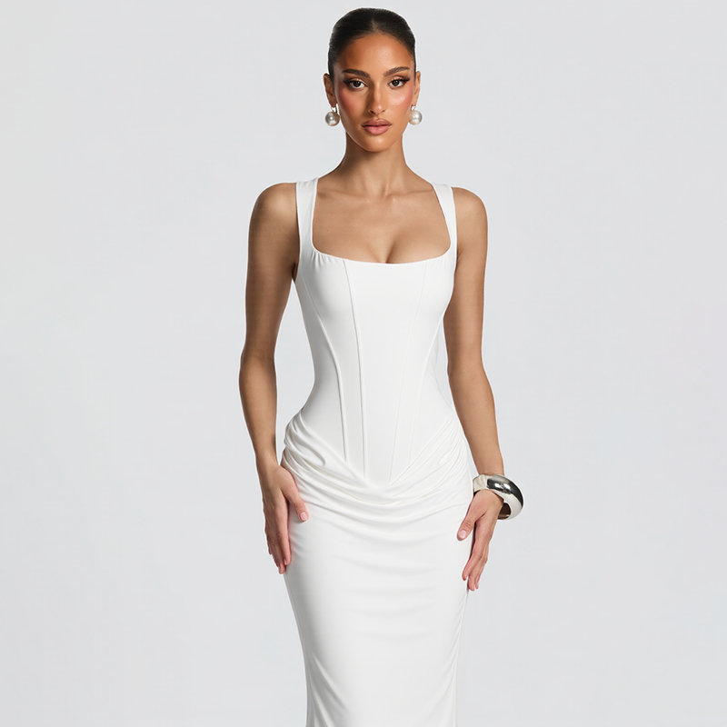 Flfiij | Elegant European and American Hot Girl Style Herringbone Waist Satin Hip-Covering Long Dress