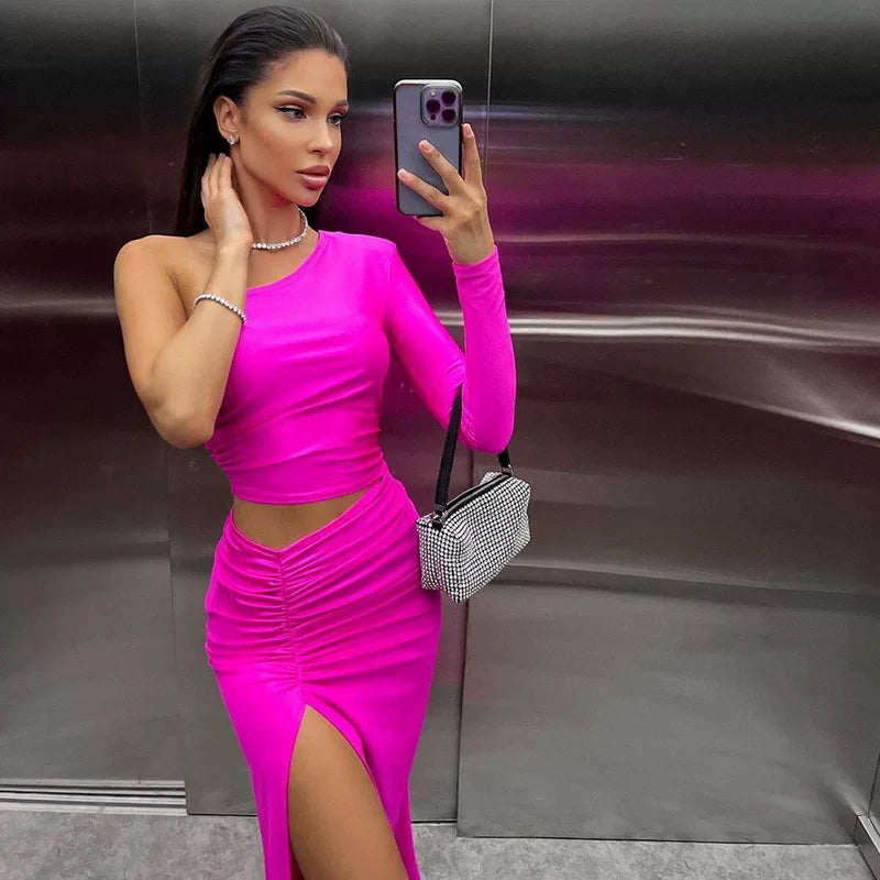 Flfiij | Sexy Slanted Shoulder High Slit Dress for Women, Slim Fit Single Sleeve Holiday Style