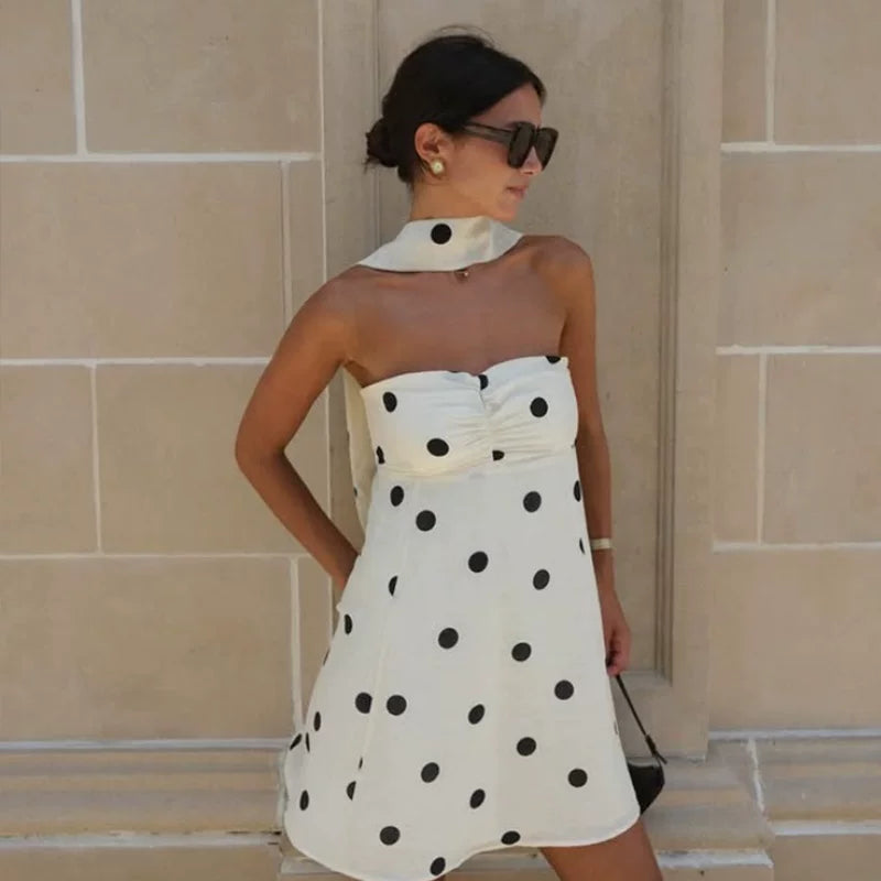 Flfiij | Polka Dot Print Tube Top Dress – Casual Hot Girl A-Hem Short Skirt, Classic Versatile Style