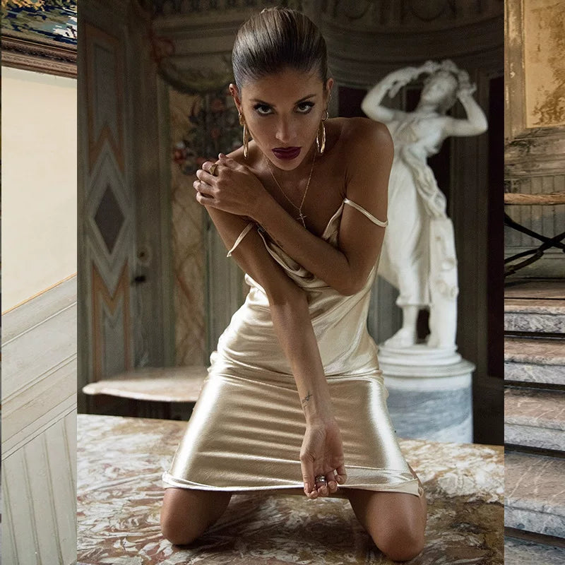 Flfiij | Sexy Solid Color Swing Collar Dress – European & American Nightclub Style Backless Hot Girl Dinner Dress