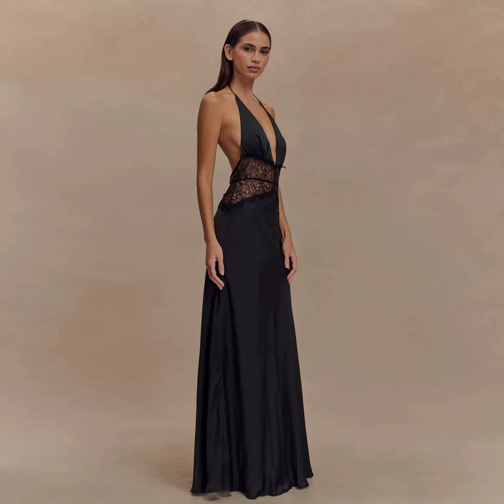 Flfiij | Elegant Deep V Silky Satin Long Dress with Lace Splicing and Halter Neck for Evening Events