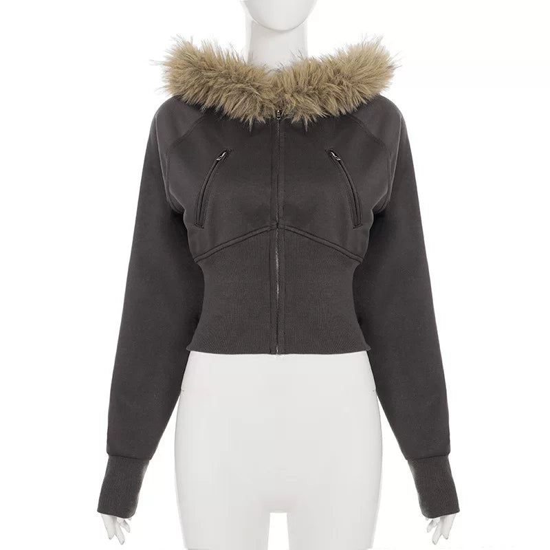 Flfiij | Women's Slimming Hooded Zipper Sweatshirt with Fur Collar
