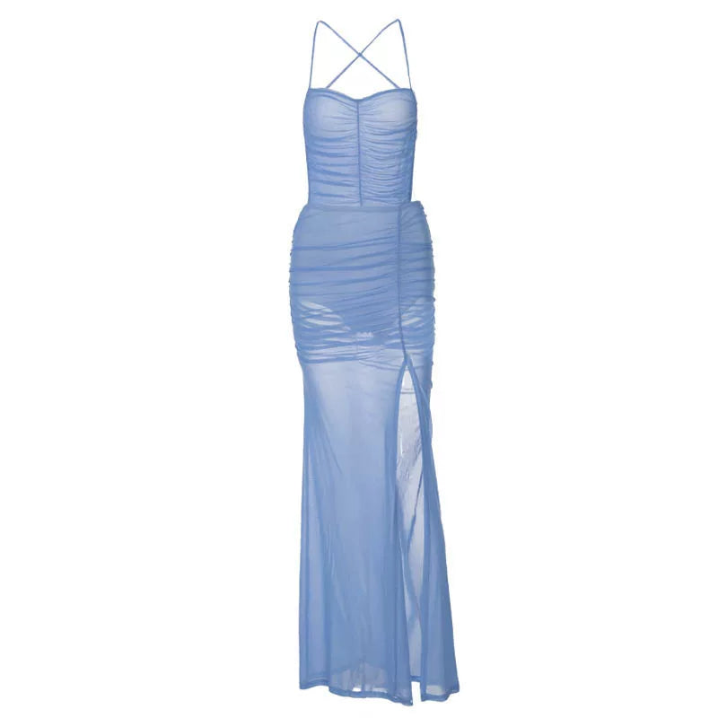 Flfiij | Beach Travel Blue & White Mesh Suspender Dress – Sexy Lace-Up Back & Slit Long Skirt for Hot Girls (Summer)