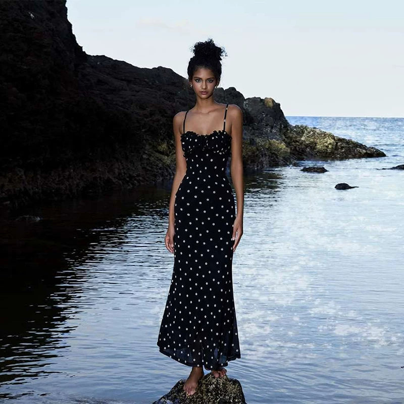 Flfiij | Sylcue Polka Dot Printed Suspender Dress – Waist Slimming & Sexy Long Skirt for Hot Girls