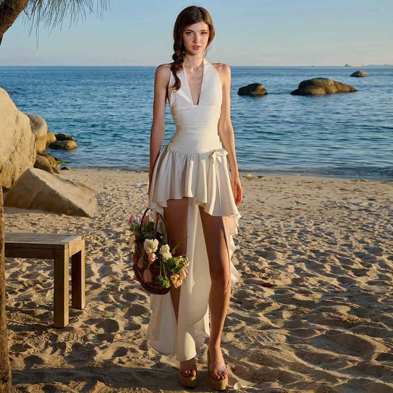 Flfiij | Thai & American Spicy Oil Painting V-Neck Irregular Ruffled Slimming Holiday Dress for Women – Summer Fashion