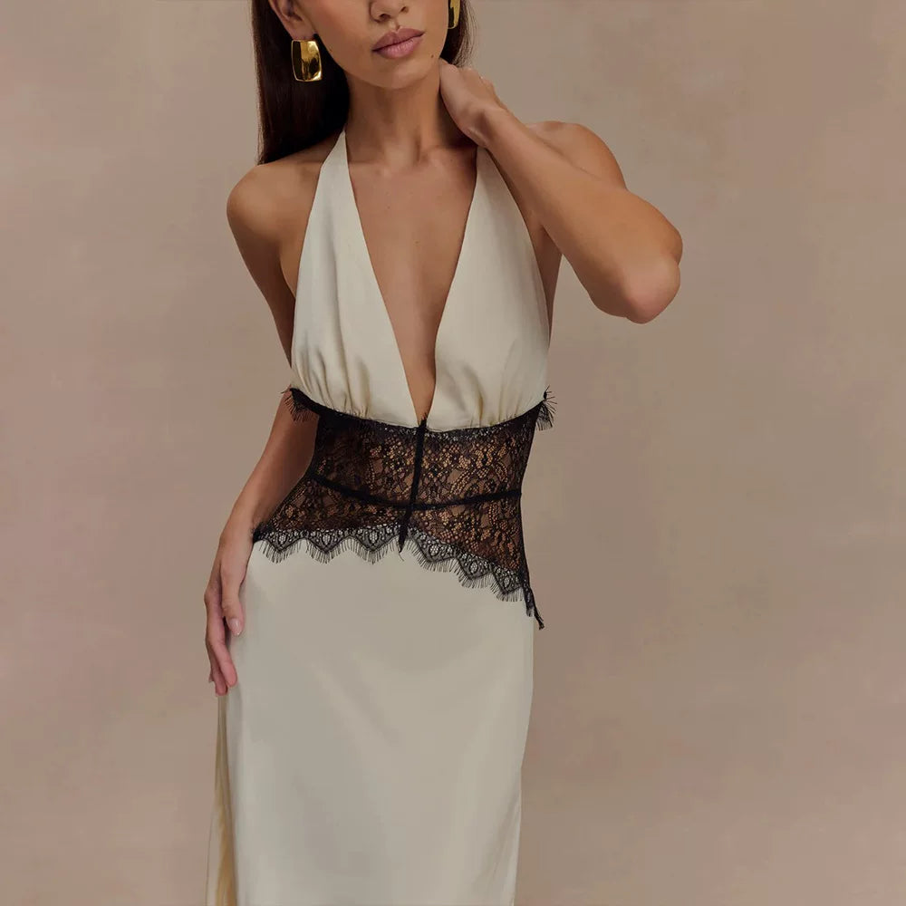 Flfiij | Elegant Deep V Silky Satin Long Dress with Lace Splicing and Halter Neck for Evening Events