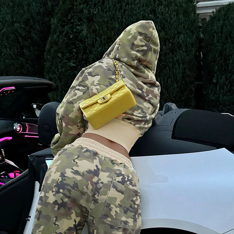 Flfiij | European and American Street Hip-Hop Hoodie & Camouflage Jogger Set for Women