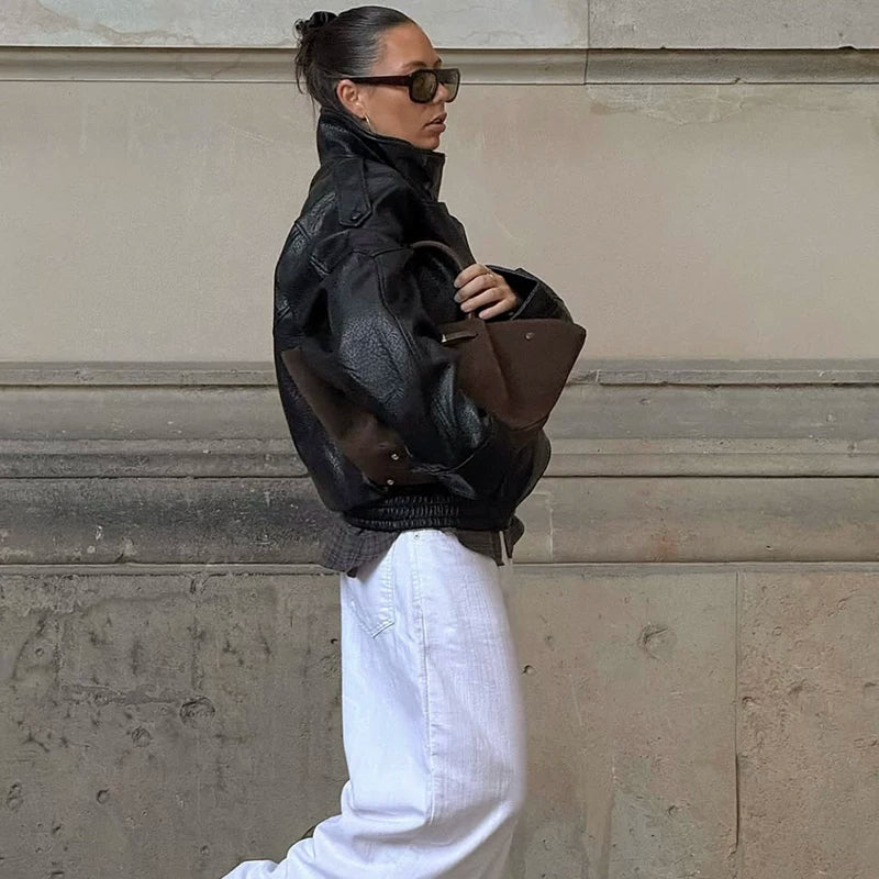 Flfiij | Women's Black PU Leather Motorcycle Jacket – Loose Fit Cool & Handsome Autumn/Winter Style