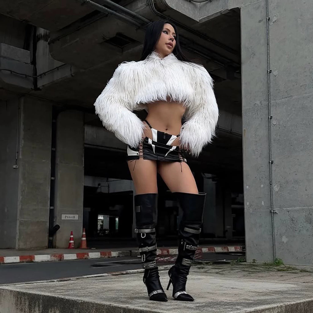 Flfiij | Autumn/Winter Furry Imitation Fur Short Jacket – Navel-Baring Long Sleeve Hot Girl Top for Women