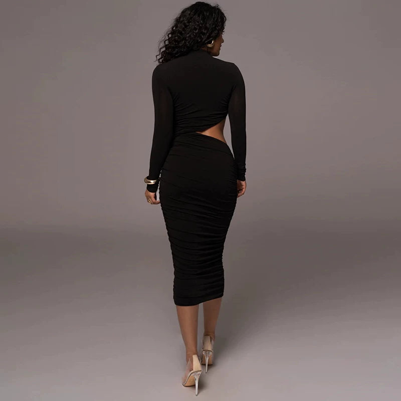 Flfiij | Autumn European & American Round Neck Dress – Sexy Hollow Design, Slim Fit, High Waist, and Hip Long Skirt for Women